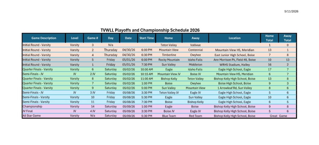 2026 tvwll playoff & championship schedule final 5 11 26
